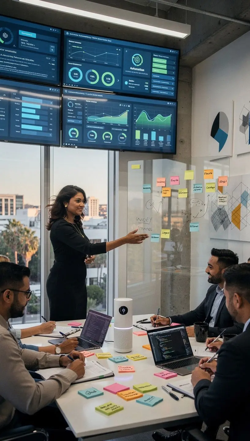 Photo of a diverse team collaborating in an office environment to implement automation strategies.