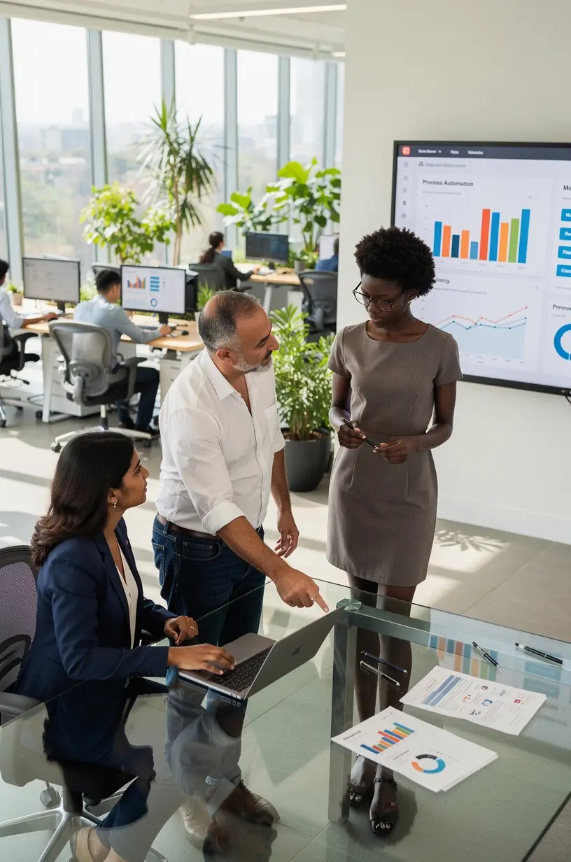Illustration of a business professional analyzing workflow charts on a digital tablet to identify automation opportunities for process improvement.