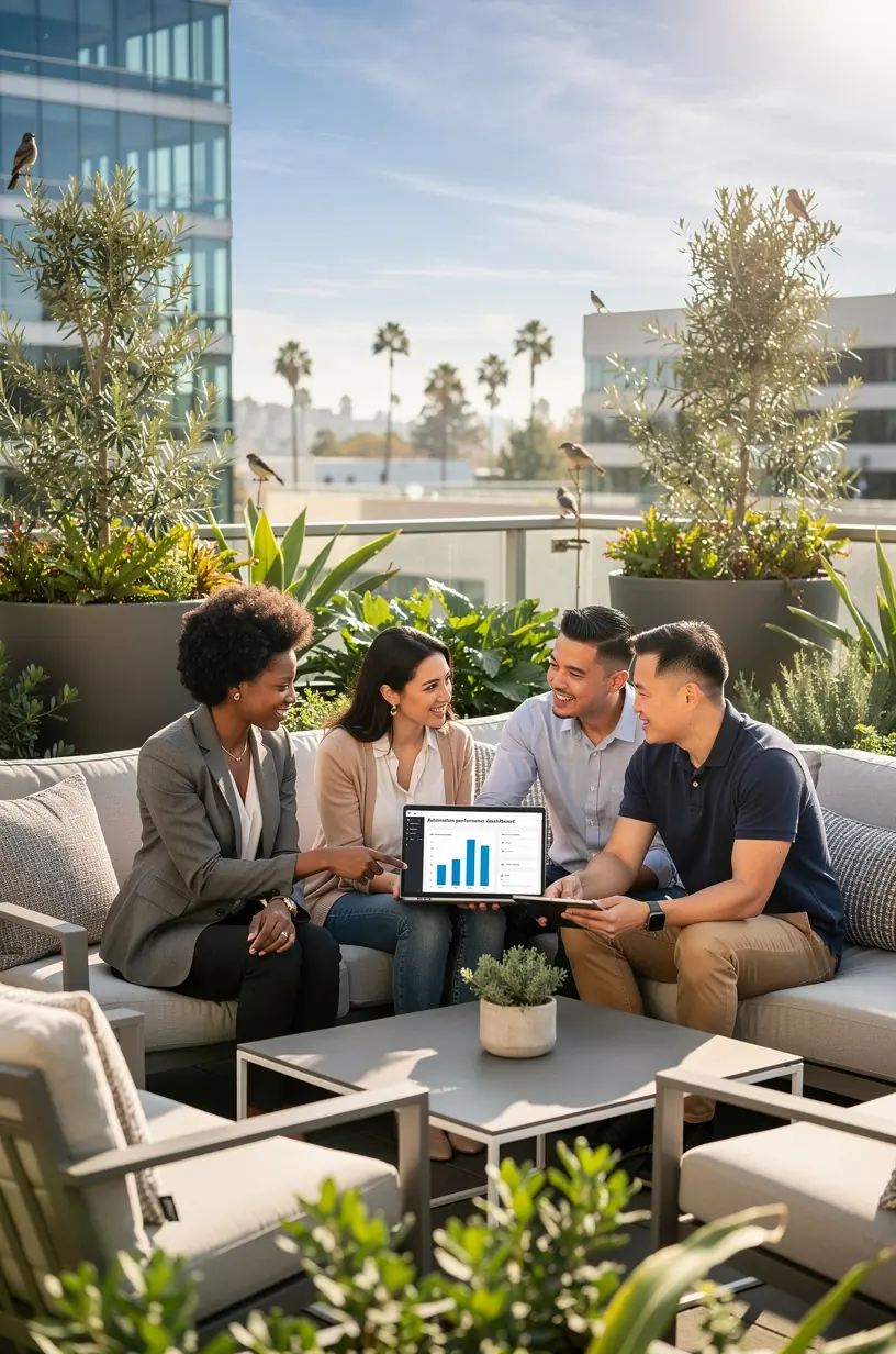 Illustration of a business professional analyzing workflow charts to identify inefficiencies for automation.